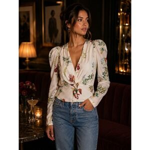 Chelsea and Walker Blouse Women 8 White Floral Silk Puff Sleeve Surplice V-Neck